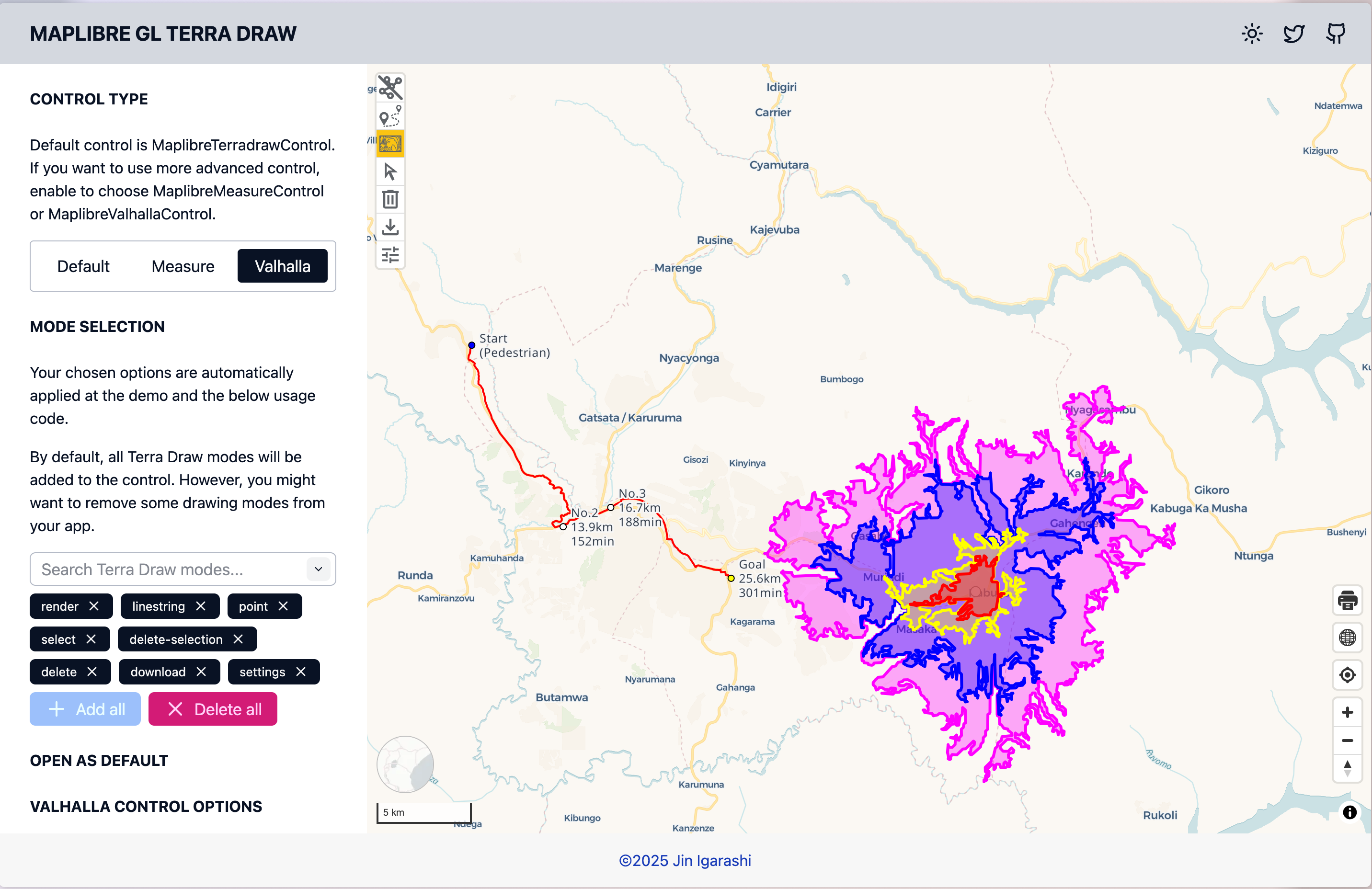 Valhalla のルーティング API・到達圏 API と連携する MaplibreValhallaControl